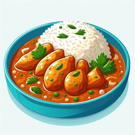 Illustration of a bowl of chicken curry with rice and parsleyのイラスト素材