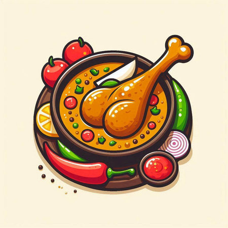 Indian chicken curry with spices and vegetables in bowl. Vector illustration.のイラスト素材