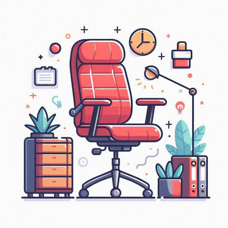 Office chair with office supplies. Vector illustration in line art style.のイラスト素材