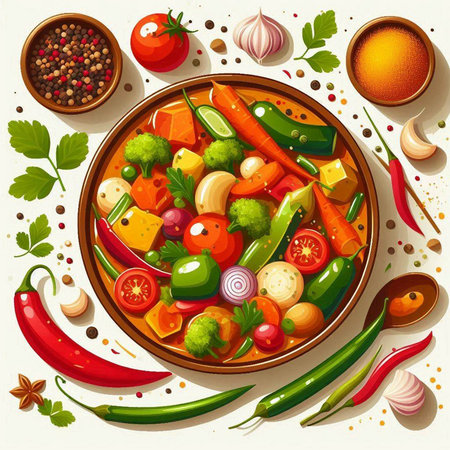 Vegetable stew in a bowl with vegetables. Vector illustration.のイラスト素材