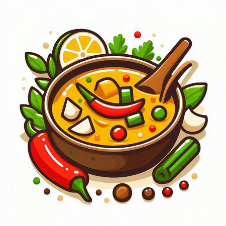 Curry soup in wooden bowl with spoon. Cartoon vector illustration.のイラスト素材