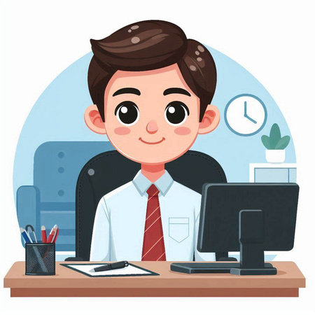 Businessman sitting at desk in office. Vector illustration in cartoon styleのイラスト素材