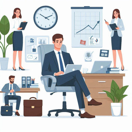 Business people in office vector illustration. Man and woman with laptop and documents sitting at table. Office worker, businessman and businesswomanのイラスト素材