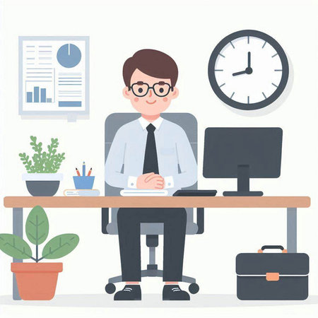 Businessman sitting at the desk in office. Vector illustration in flat styleのイラスト素材