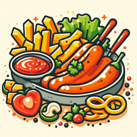 Illustration of grilled sausages with french fries and tomato sauceのイラスト素材