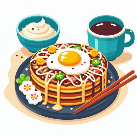 Illustration of a Japanese waffle with a fried egg on topのイラスト素材