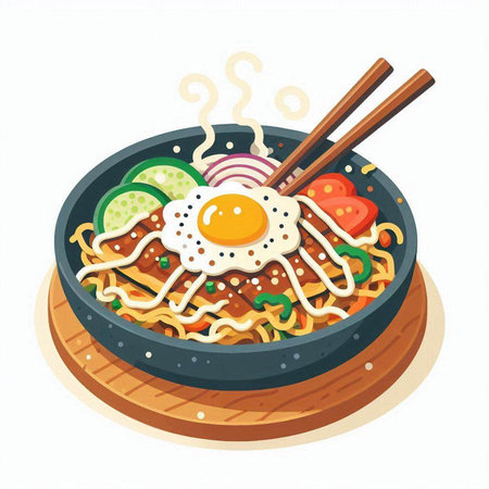 Illustration of udon noodle with fried egg and vegetables.のイラスト素材