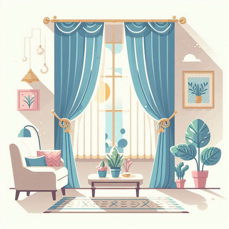 Interior of the living room with blue curtains. Vector illustration.のイラスト素材