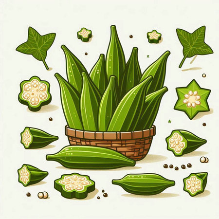 Illustration of fresh okra in a basket. Vector illustration.のイラスト素材