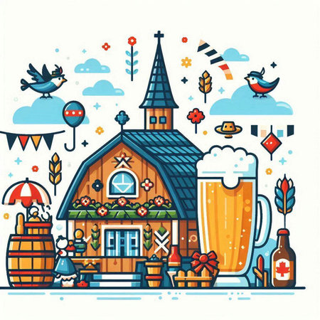 Vector illustration of a country house with a beer mug, balloons, flags, cakes and birds.のイラスト素材