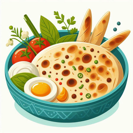 Illustration of a bowl of pancakes with vegetables, eggs and greensのイラスト素材