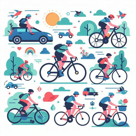 Cyclists in different situations. Flat design vector illustration set.のイラスト素材
