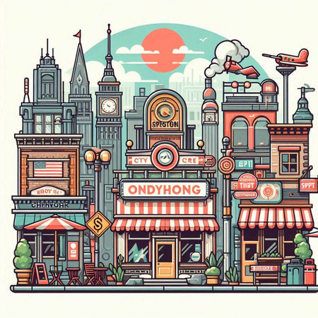 London city street with shops and restaurants. Vector illustration in retro style.のイラスト素材