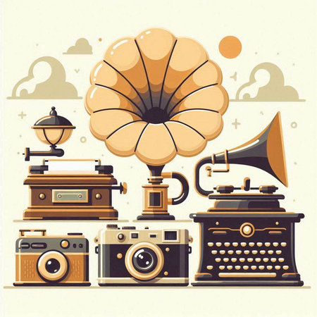Retro background with gramophone, camera and gramophone. Vector illustration.のイラスト素材
