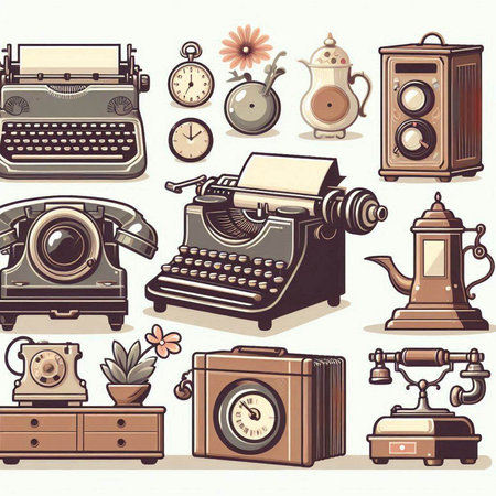 Retro icons set with typewriter, telephone, camera and other objectsのイラスト素材