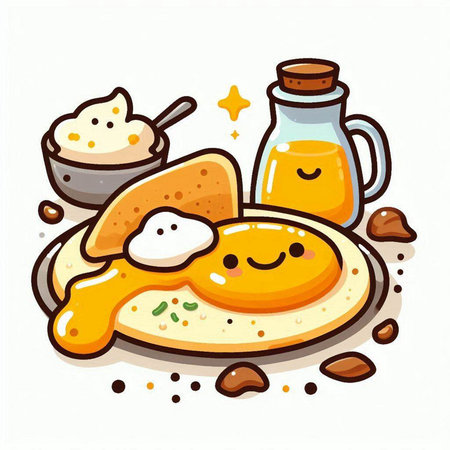 Fried egg with sauce and mustard. Vector illustration in cartoon style.のイラスト素材