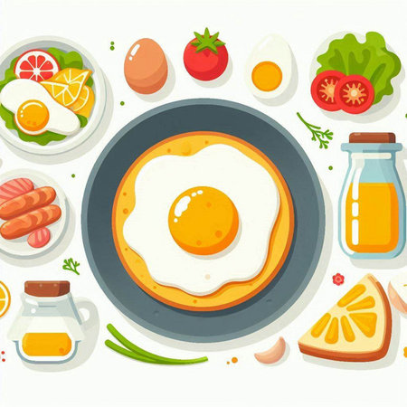 Healthy breakfast with fried eggs, bacon, vegetables and fruit. Vector illustration.のイラスト素材