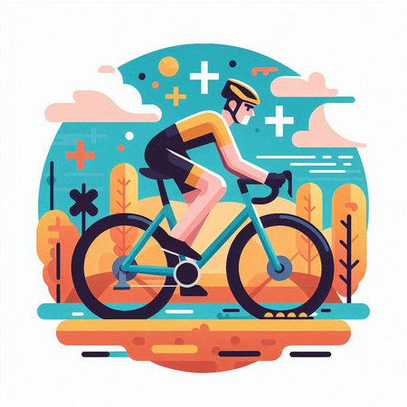 Cyclist riding bicycle on the road. Flat vector illustration.のイラスト素材