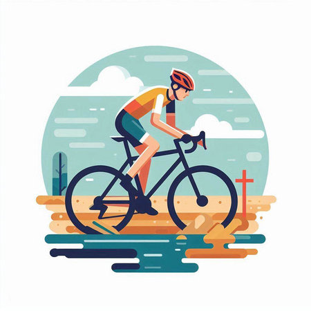 Cyclist on a bicycle in the mountains. Flat vector illustration.のイラスト素材