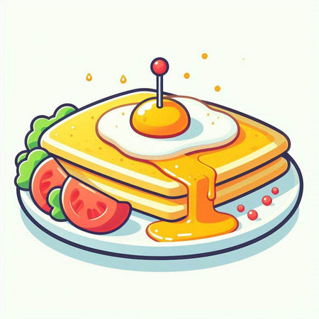 Illustration of a stack of pancakes with a fried egg on topのイラスト素材