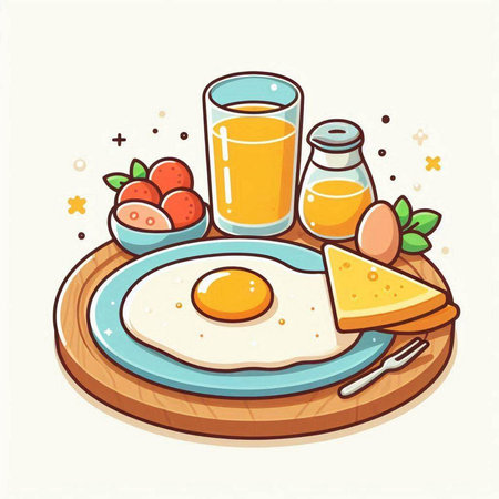 Breakfast with fried eggs, toast, juice and fruits. Vector illustration.のイラスト素材