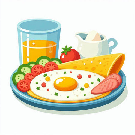 Breakfast with scrambled eggs and vegetables. Vector illustration in cartoon style.のイラスト素材