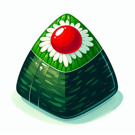 Illustration of a rice ball with a red pearl on a white backgroundのイラスト素材