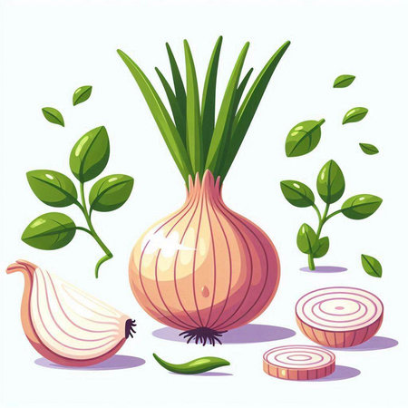 Illustration of onion, green leaves and slice of onion on white backgroundのイラスト素材