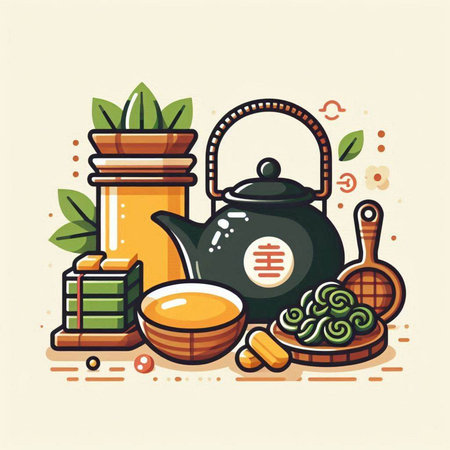 Vector illustration of tea ceremony in flat style. Teapot, tea cup, tea pot, bamboo whisk, cup of tea, bowl with honey.のイラスト素材