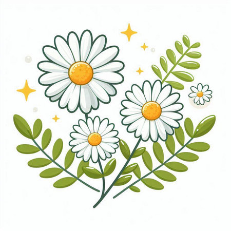 Chamomile flower with leaves and stars. Vector illustration.のイラスト素材