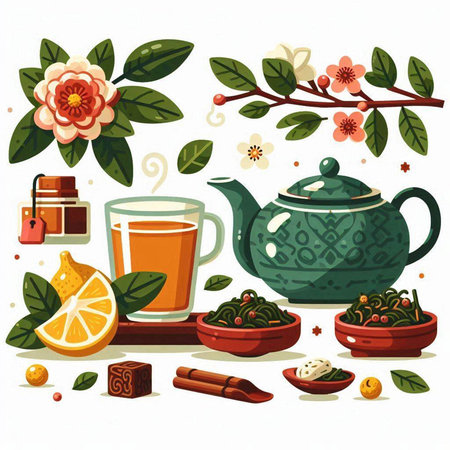 Cup of tea, tea leaves, cinnamon, lemon, ginger, cloves, teapot and cup of tea. Vector illustration.のイラスト素材