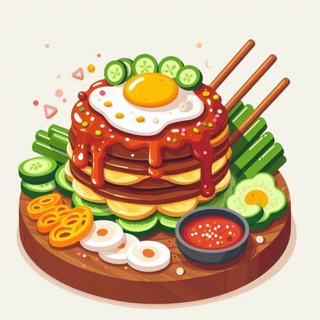 Korean traditional food, fried egg and vegetables. Vector illustration.のイラスト素材