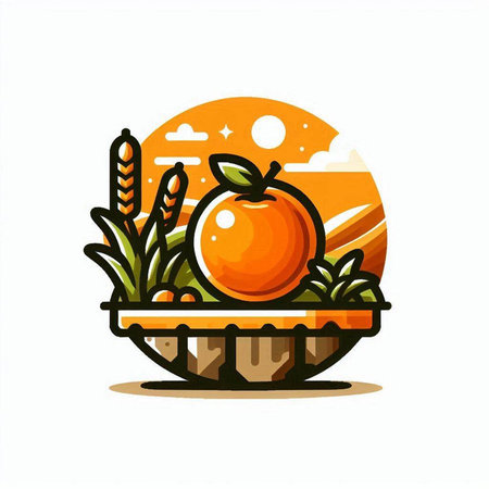 vector illustration of a ripe orange on a wooden platform in the fieldのイラスト素材