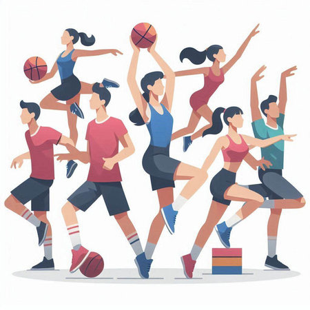 Basketball players vector illustration. Group of men and women playing basketball.のイラスト素材