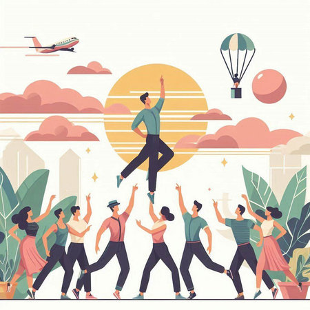 Happy people dancing in the city. Vector illustration in flat style.のイラスト素材