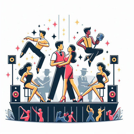 Dancing people in club. Vector illustration in flat cartoon style.のイラスト素材