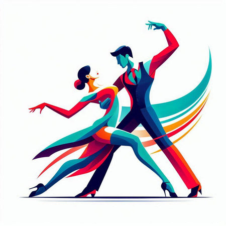 Couple of dancers dancing tango. Vector illustration. Colorful backgroundのイラスト素材