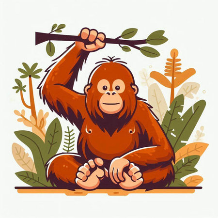 Monkey sitting on the floor and holding a branch. Vector illustration.のイラスト素材