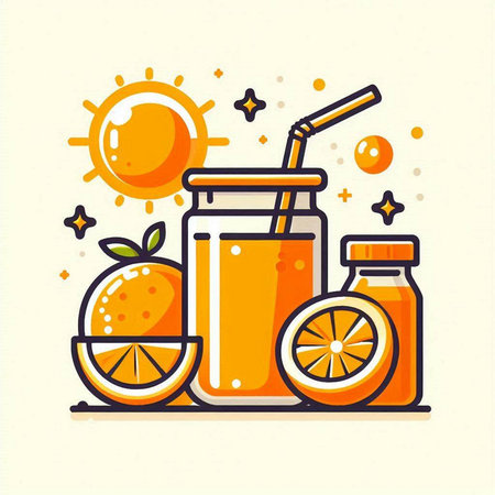 Orange juice in a glass jar with a straw. Vector illustration.のイラスト素材
