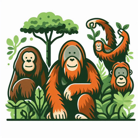 Orangutan family in the jungle. Vector illustration isolated on white background.のイラスト素材