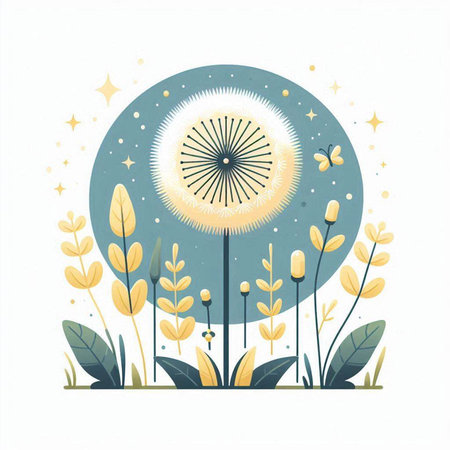 Vector illustration of dandelion with flowers in a circle on a white backgroundのイラスト素材
