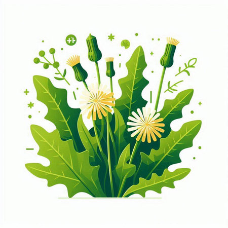 Vector illustration of a bouquet of dandelions with green leavesのイラスト素材