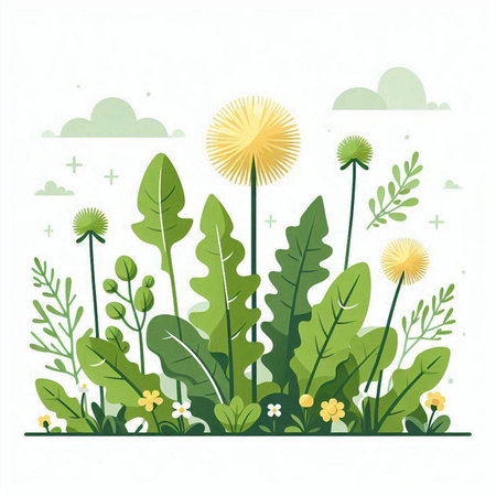 Vector illustration of dandelions, grass and flowers in flat styleのイラスト素材