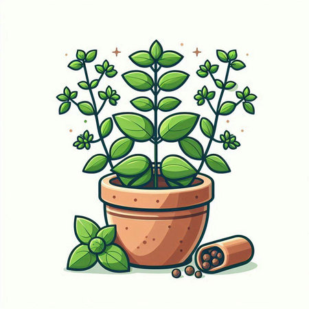 Illustration of a mint plant in a pot with a cinnamon stickのイラスト素材