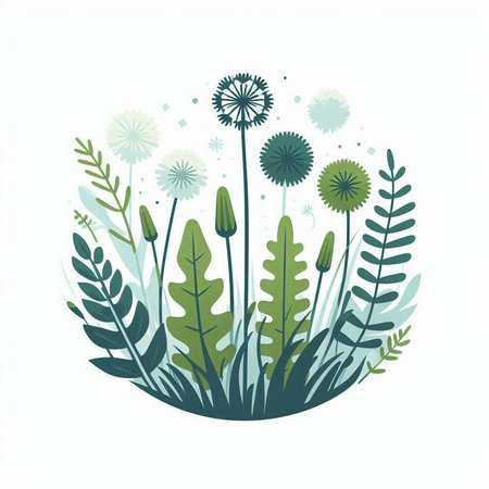 Floral background with dandelions and grass. Vector illustration.のイラスト素材