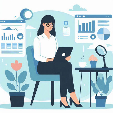 Businesswoman working on laptop in office. Vector illustration in flat styleのイラスト素材