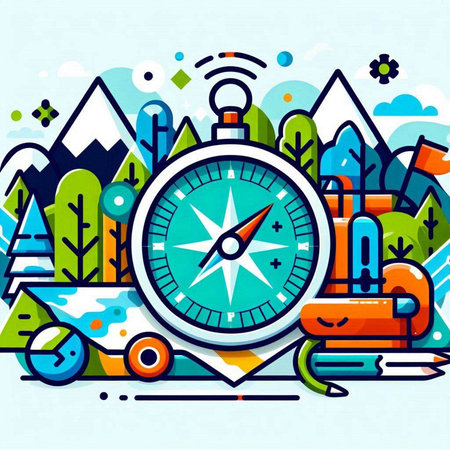 Vector illustration of colorful flat style travel concept with compass, car and mountainsのイラスト素材