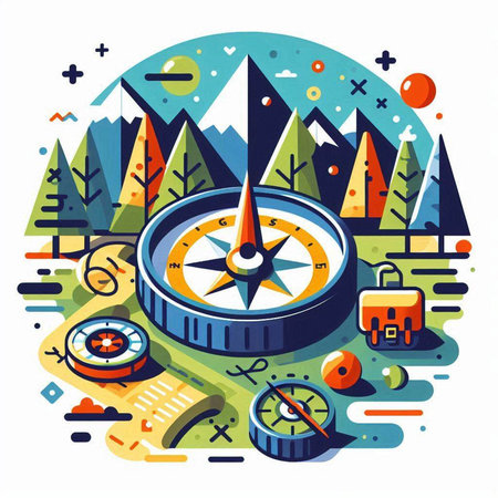 Vector illustration of a compass in a circle with forest, mountains and camping equipment.のイラスト素材