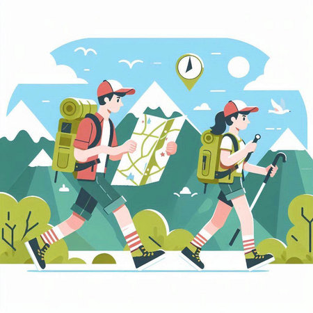 Hiking couple with map and sticks. Vector illustration in flat styleのイラスト素材
