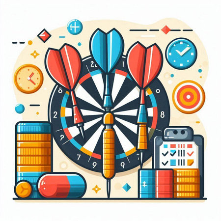 Darts, dartboard, darts, balls, target, stopwatch, time management, business strategy, vector illustrationのイラスト素材